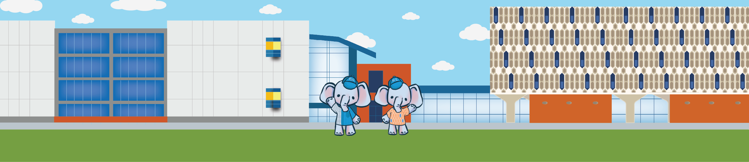 Cartoon graphic of two elephants standing in front of the pollak library.