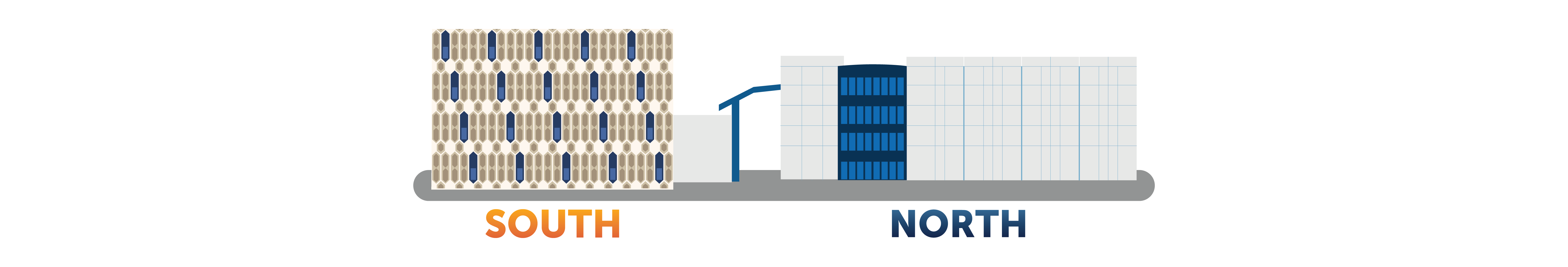 Pollak Library exterior graphic with the south side on the left and the north side on the right.